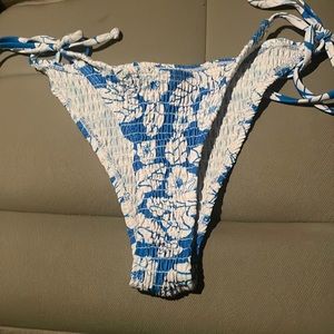 MakeMeChic Women's Halter Tie Side Triangle Bikini blue with white flowers.